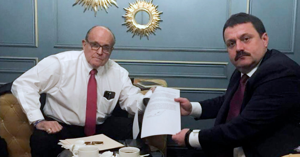 In this handout photo provided by Adriii Derkach’s press add, Rudy Giuliani, an attorney for President Donald Trump, left meets with Ukrainian lawmaker Adriii Derkach 
in Kyiv, Ukraine, Thursday, Dec. 5, 2019. Ukranian lawmaker says that he met with Rudy Giuliani, President Donald Trump’s personal attorney, in Kyiv on Thursday and discussed a joint anti-corruption project.(Derkach’s press add via AP) 


